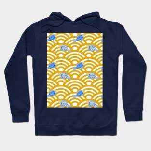 Blue fishes in yellow seigaiha waves Hoodie